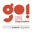 Logo orange GO IMPRESSION + accroche " Faites bonne impression" et baseline "Imprimerie | broderie | sérigraphie